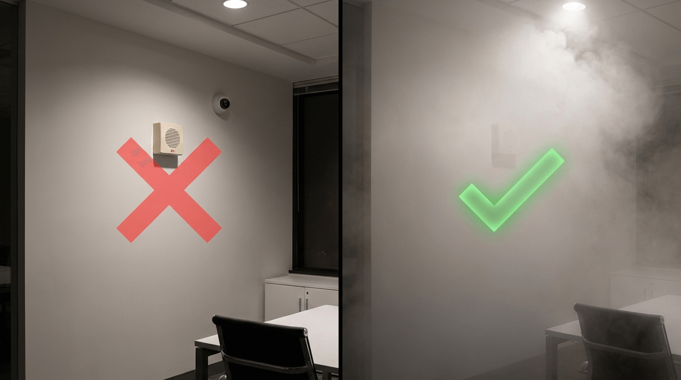 Comparación visual entre protección pasiva (alarma) y protección activa (niebla de seguridad)