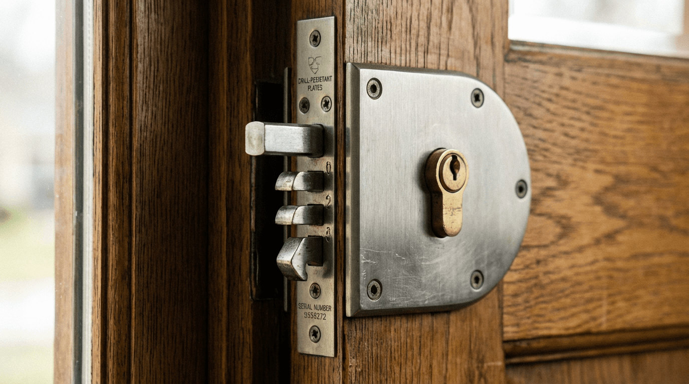 Modernt säkerhetslås och förstärkt dörr för svenskt hem