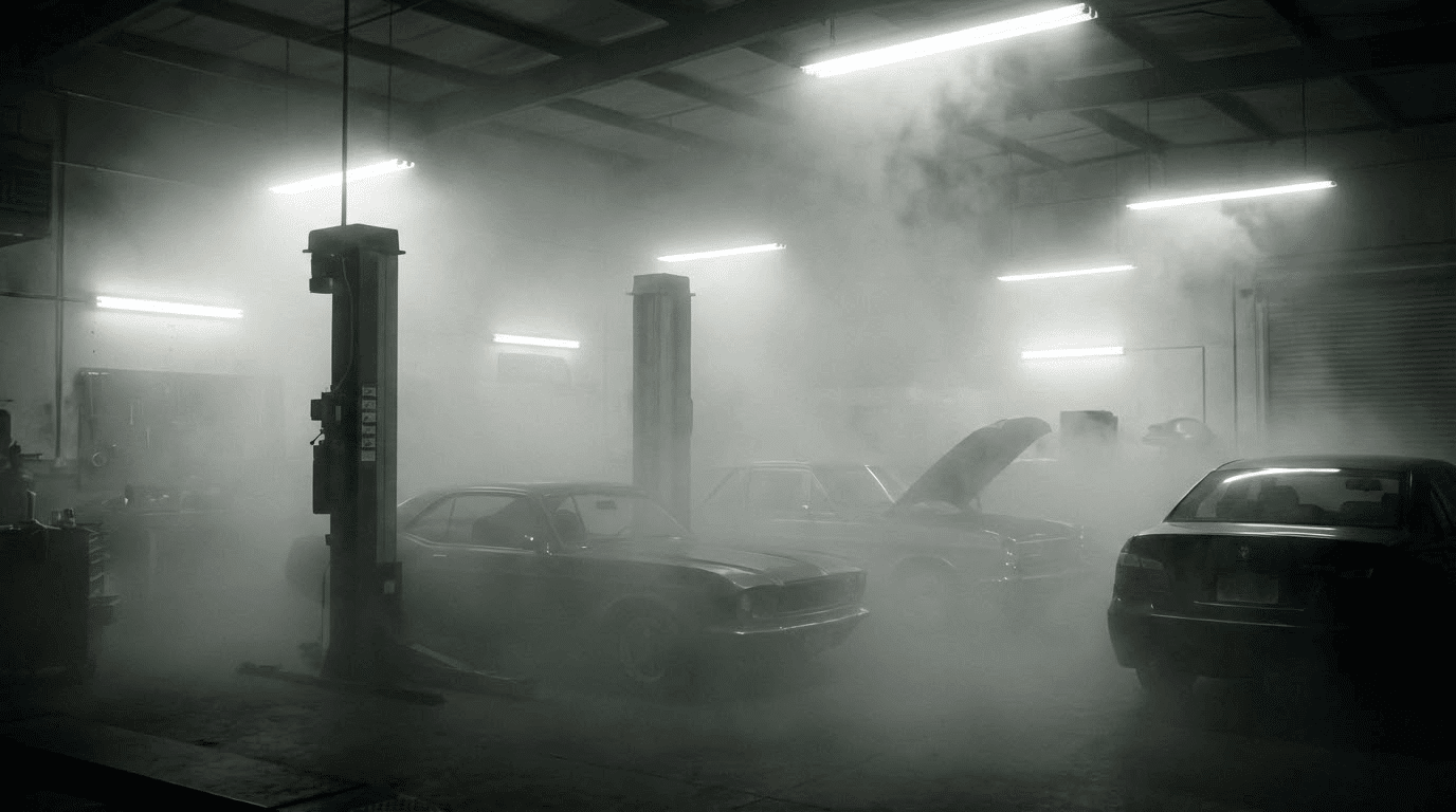 Brouillard de sécurité se déclenchant dans un garage automobile