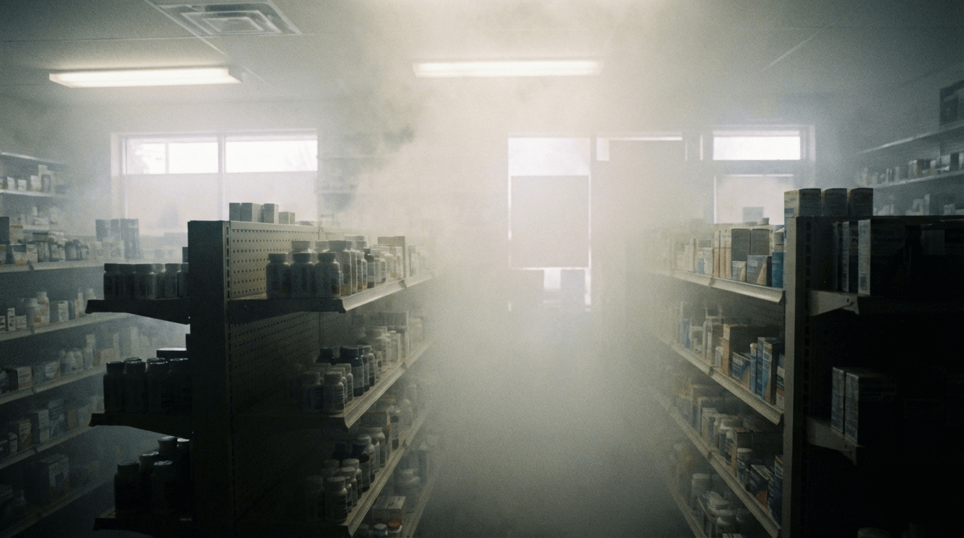 Brouillard de sécurité dense dans une pharmacie