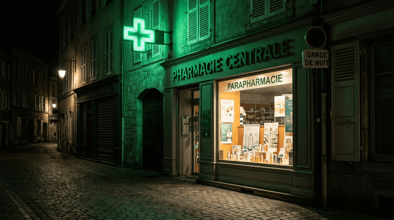 Pharmacie française de nuit avec croix verte illuminée