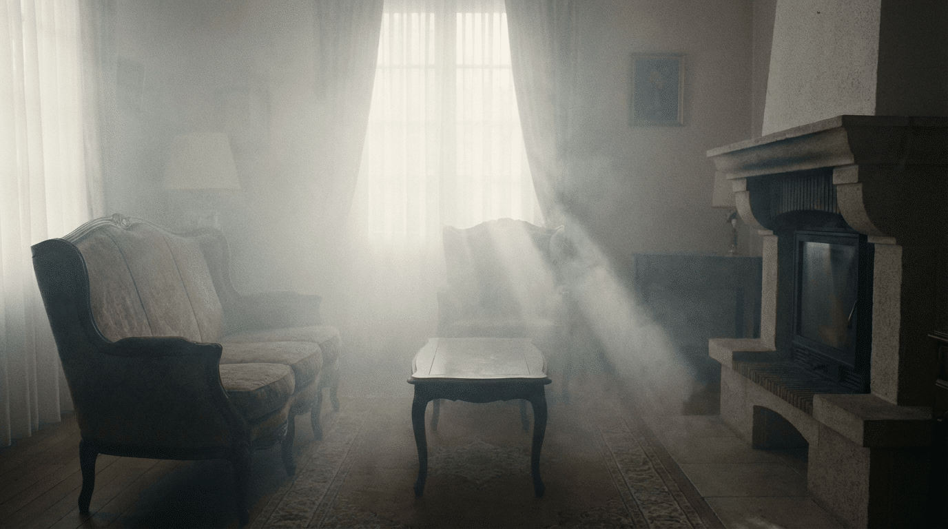 Säkerhetsdimma fyller vardagsrummet i ett hus