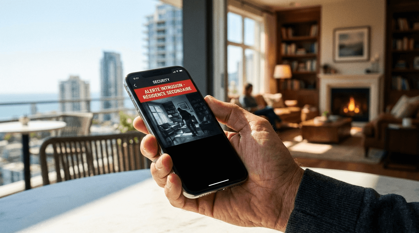 Husägare övervakar sitt fritidshus på distans via smartphone