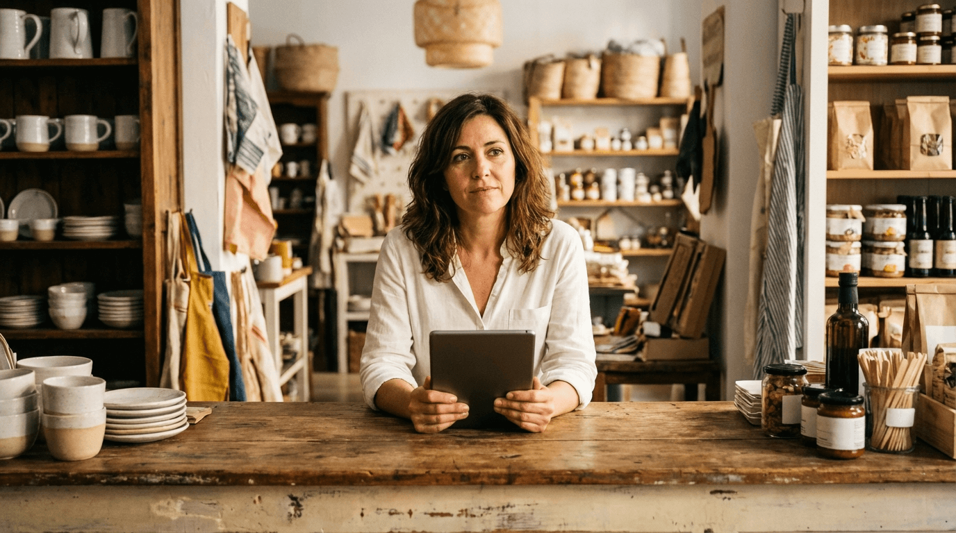 Comerciante consultando preguntas frecuentes sobre el generador de niebla para su tienda