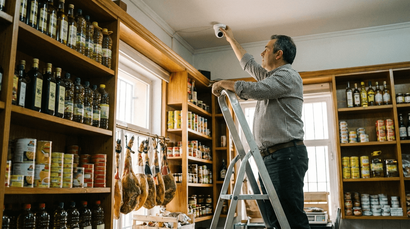 Comerciante instalando el generador de niebla Smoke-Defender en su tienda