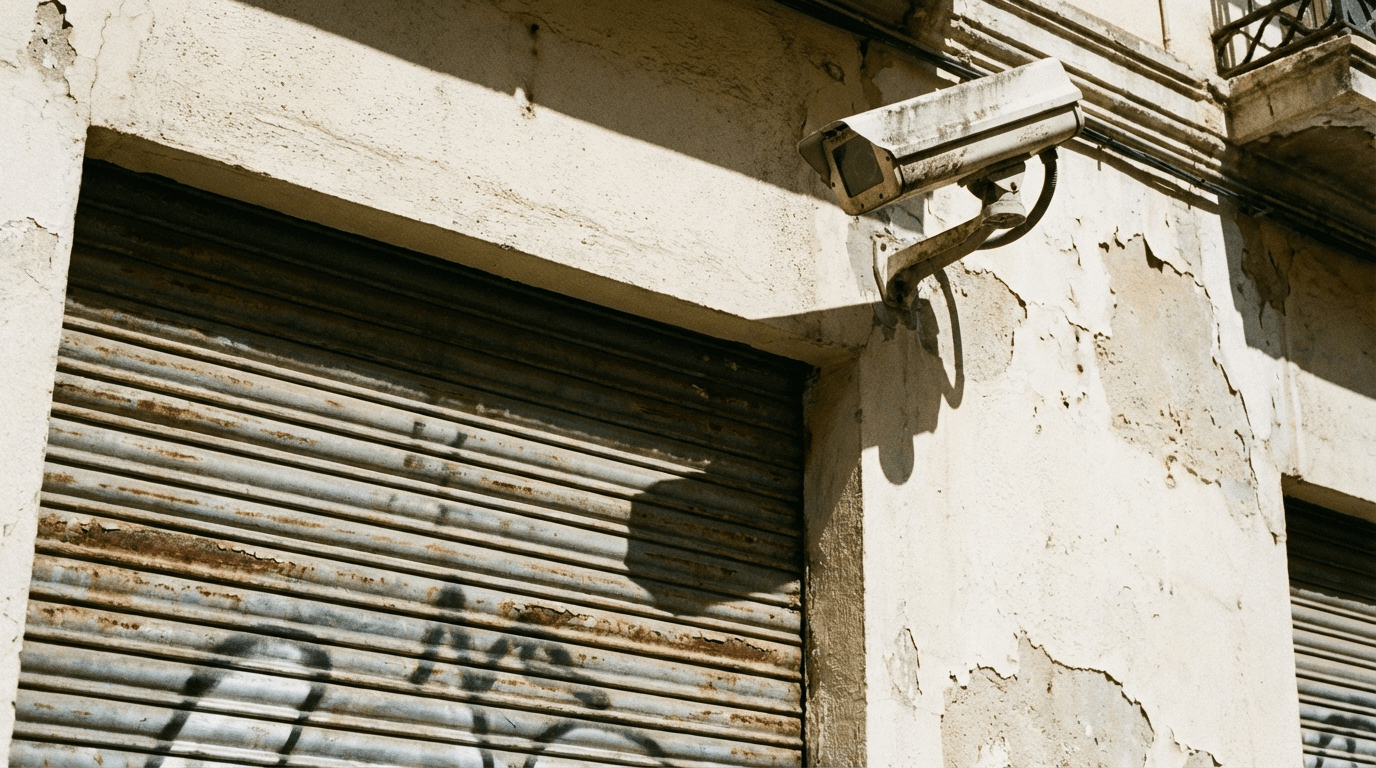 Cámara de vigilancia y persiana metálica en un comercio español — medidas insuficientes